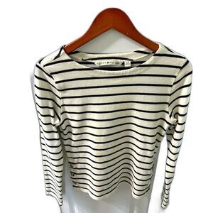 Tommy Hilfiger Women Sweater 100% Cotton Long Sleeve Striped White Black Large